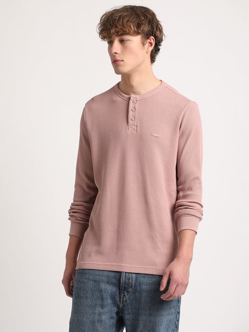 The Bear House Pink Cotton Slim Fit Self Pattern Henley T-Shirt