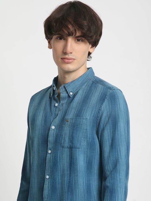 Buy The Bear House Blue Cotton Slim Fit Striped Shirt for Mens