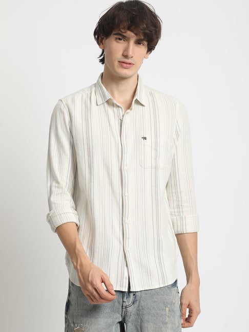 The Bear House White Cotton Slim Fit Striped Shirt