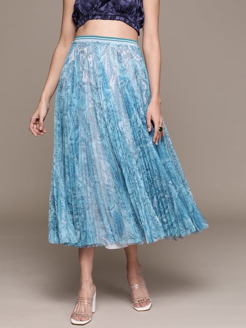 Label Ritu Kumar Blue Yellow Printed Pleated Skirt