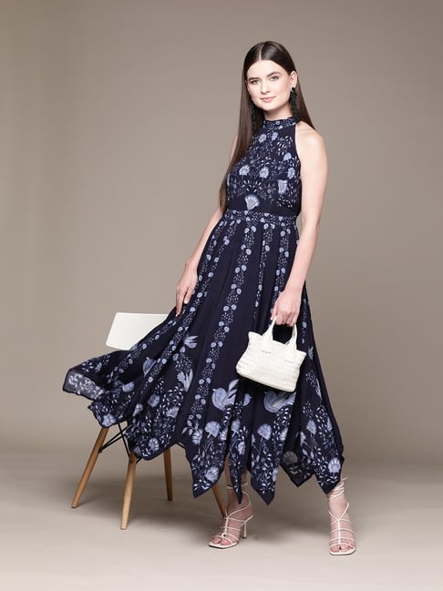 ritu kumar navy blue dress LABEL Navy blue botanical print long dress - RITU KUMAR