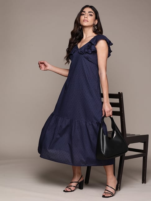 ritu kumar navy blue dress LABEL Navy blue botanical print long dress - RITU KUMAR