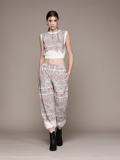 Label Ritu Kumar Ecru Printed Top With Joggers Pant Co-Ord Set