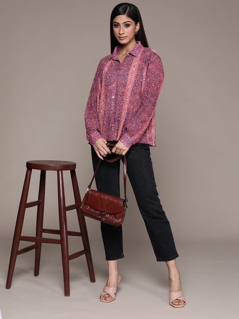 Label Ritu Kumar Navy Blue Printed Shirt