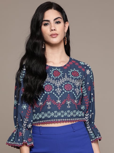Label Ritu Kumar Navy Blue Cotton Blend Embroidered Crop Top