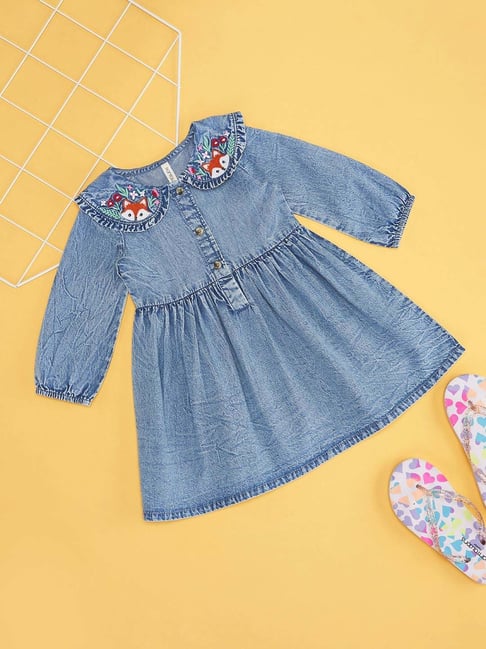 Pantaloons Baby Girls Starlight Blue Cotton Solid Full Sleeves Casual  Dresses