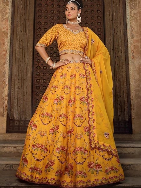 Scakhi Mustard Raw Silk Floral Embroidered Lehenga Set With Blouse And  Dupatta - Main Image