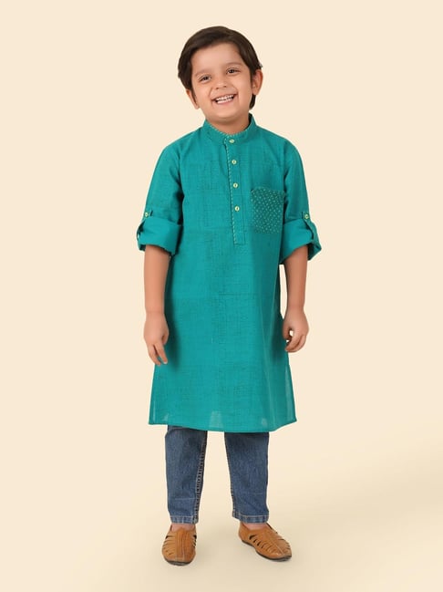 Fabindia Boys Teal Cotton Hand Block Printed Long Kurta-picture-10
