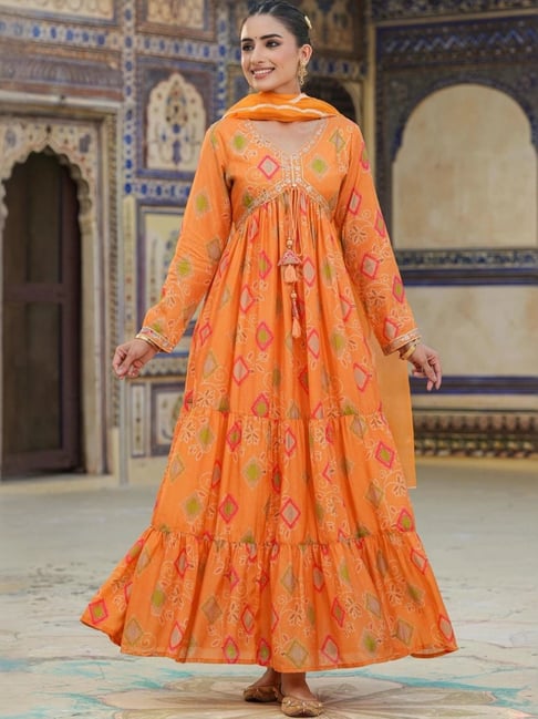 orange bandhani dress Orange layered bandhani