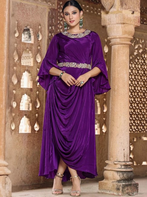 Scakhi Purple Crepe Solid-Embellished Cowl Dress With Belt