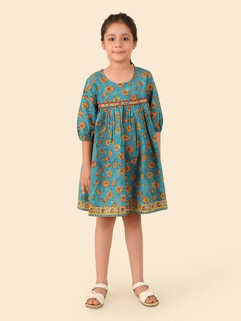 Fabindia Girls Teal Cotton Hand Block Printed Dress-image-46