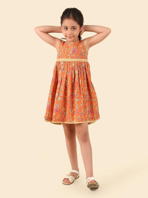 Fabindia Girls Orange Cotton Printed Dress