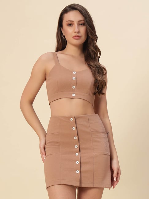 Trend Arrest Beige Crop Top With Skirt