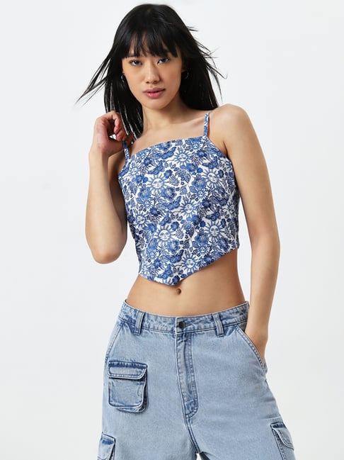 Nuon by Westside Blue Floral Printed Knot-Detailed Cotton Top