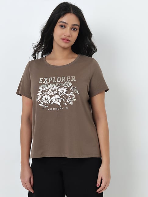 Gia by Westside Dark Taupe Floral Printed Cotton T-Shirt
