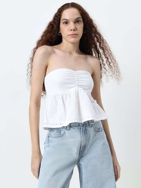 Nuon by Westside White Schiffli Detailed Cotton Top