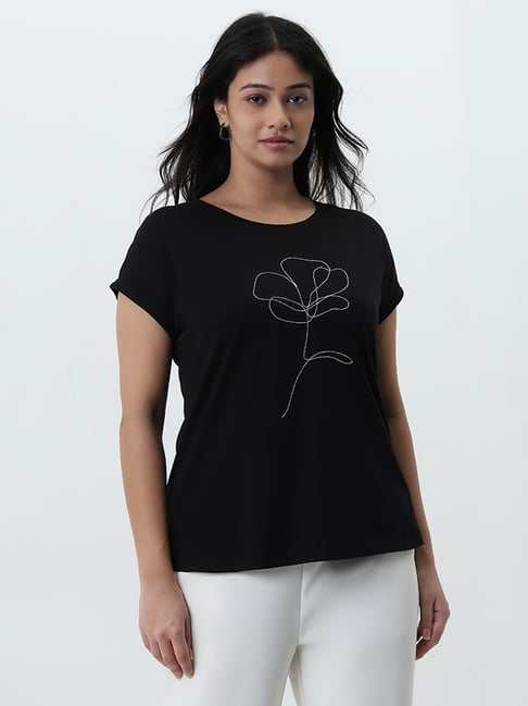 Gia by Westside Black Floral Design Cotton T-Shirt