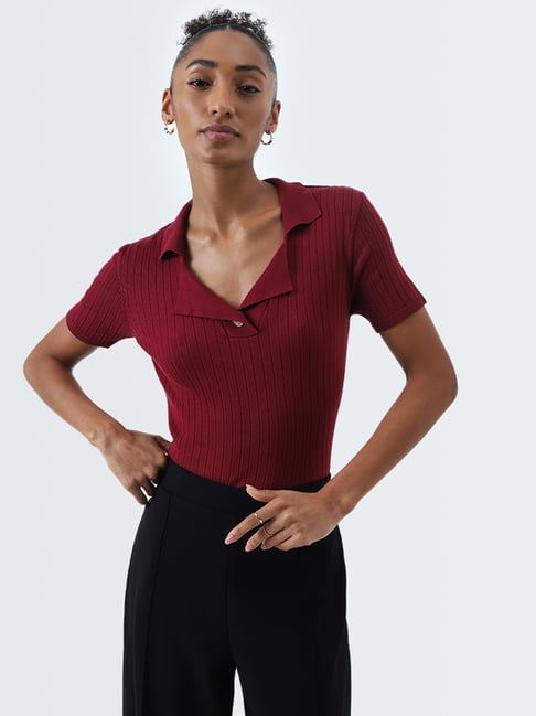 Wardrobe by Westside Maroon Ribbed Textured Top