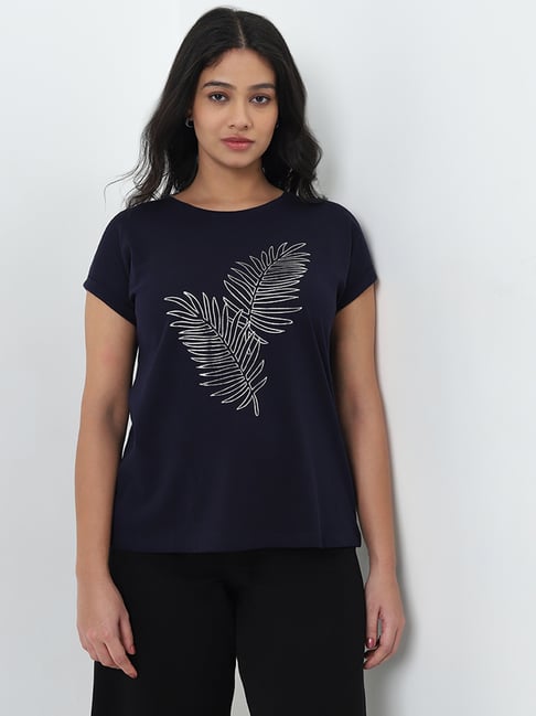 Gia by Westside Navy Blue Leaf Printed Cotton T-Shirt