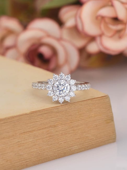 Ornate Jewels 925 Silver Round American Diamond Flower Halo Ring for Women