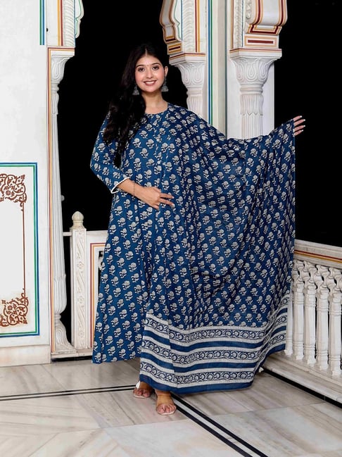 Miravan Blue Floral Print Anarkali Kurta With Dupatta-picture-18