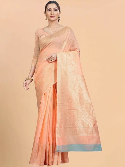 Silk Land Peach Woven Saree With Unstitched Blouse-picture-21
