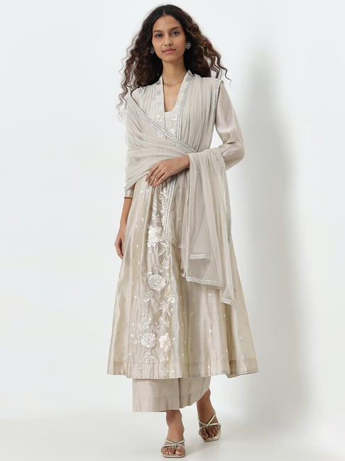 Vark by Westside Beige Floral Embroidered Kurta, Pants and Dupatta