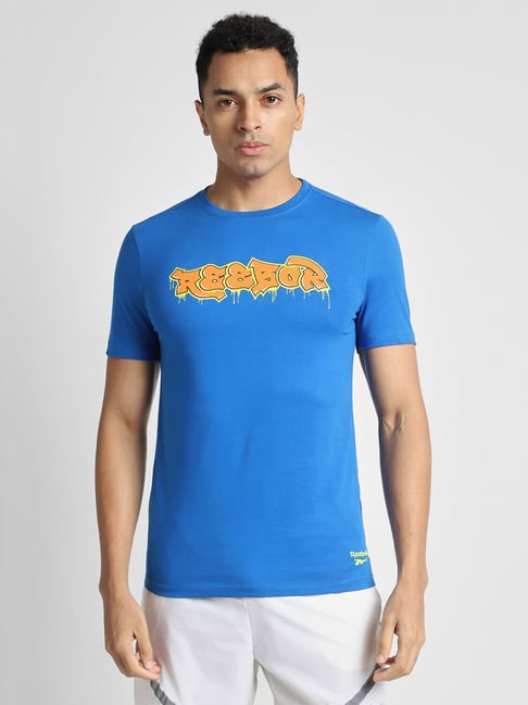 Reebok Blue Cotton Slim Fit Print T Shirt
