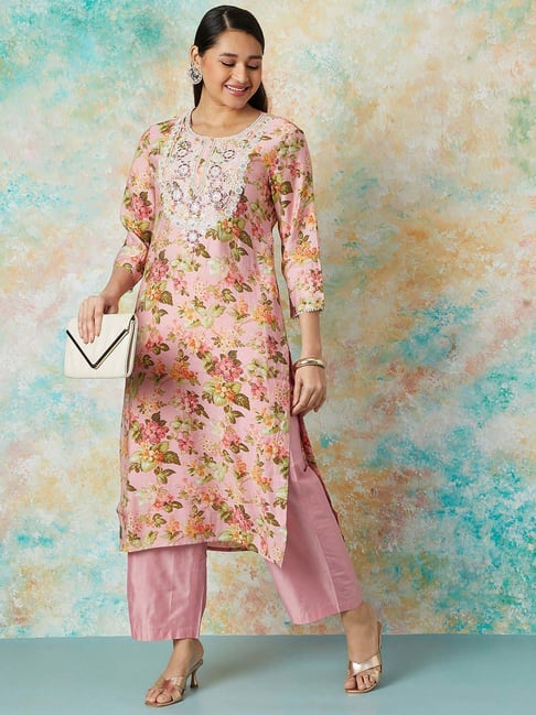 Melange by Lifestyle Pink Embroidered Straight Kurta-picture-14