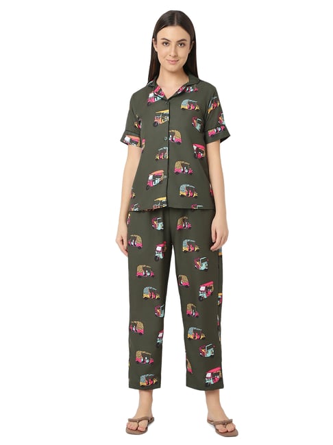 Smarty Pants Olive Printed Shirt With Lounge Pants-picture-22