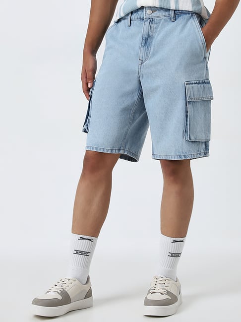 Nuon by Westside Light Blue Cargo-Style Mid-Rise Relaxed-Fit Shorts