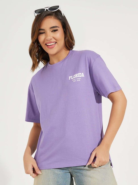 Styli Purple Cotton Printed Sports T-Shirt