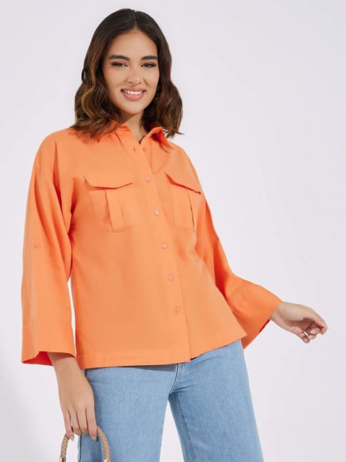 Styli Orange Cotton Plain Shirt