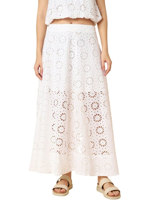 allen solly white cotton embroidered maxi skirt