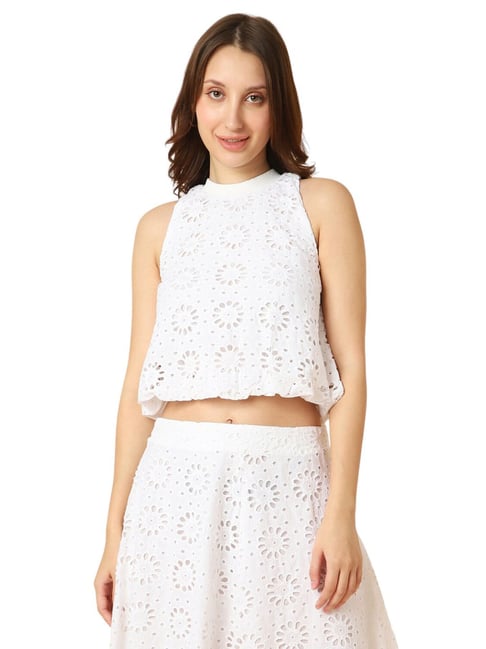 Allen Solly White Cotton Embroidered Crop Top-picture-12