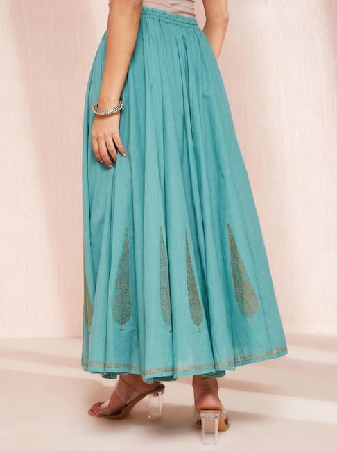 Fabindia Turquoise Cotton Self Pattern Maxi Skirt