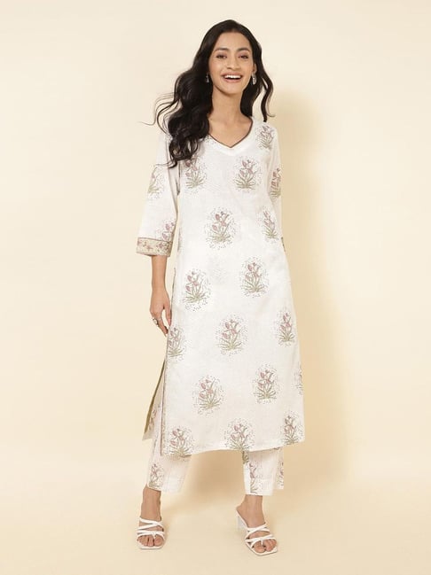 Buy Fabindia White Cotton Printed Kurta Pant Set for Women