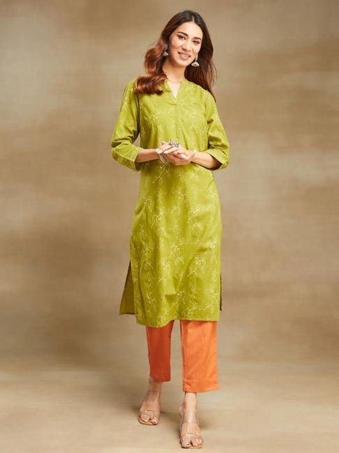 Fabindia Green Cotton Printed Kurta & Pant Set