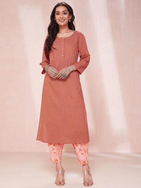 Buy Fabindia Orange Cotton Embroidered Kurta Salwar Set for