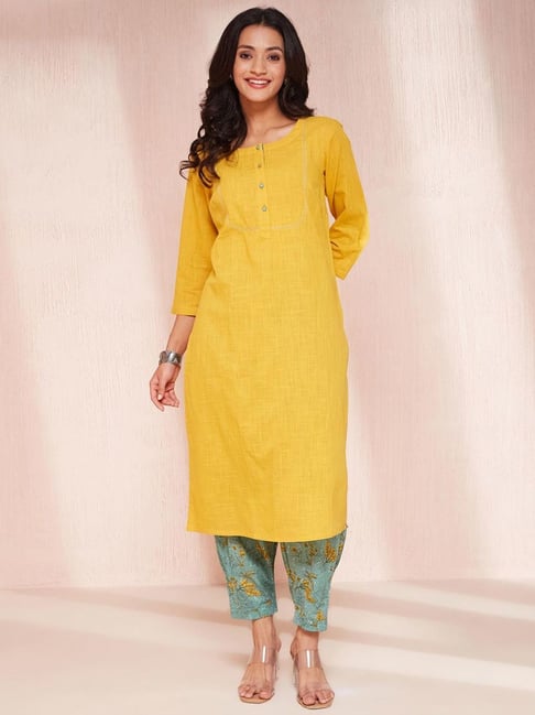 Fabindia Yellow Cotton Embroidered Kurta Salwar Set - Main Image