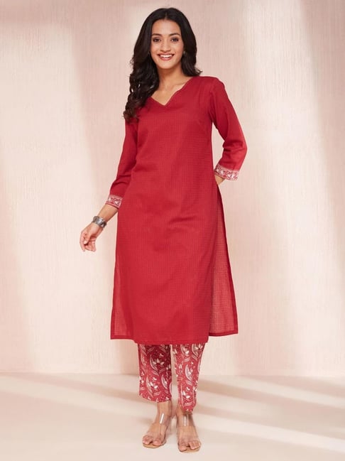 Fabindia Maroon Cotton Kurta Pant Set
