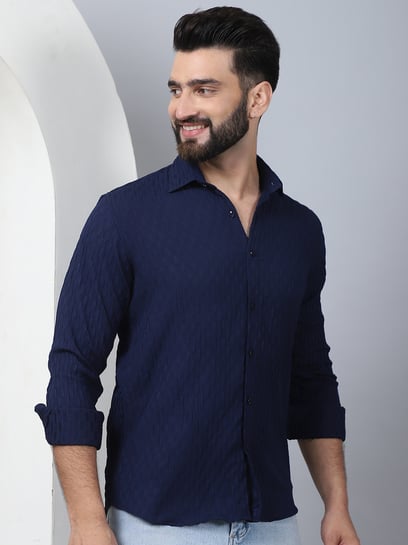 Indian Needle Navy Regular Fit Self Pattern Shirt