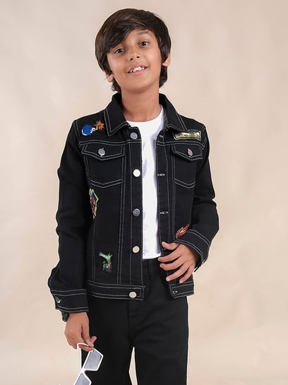 L'Appartement☆Boys denim Jacket Kiddopanti Boys Black Applique Full Sleeves Denim Jacket