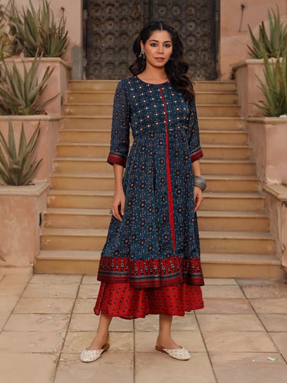 CARAMEL JUNIPER DRESS（NAVY） Juniper Rayon Blue Embroidered Short