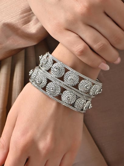 Buy Fida Oxidised Silver Plated Floral Bangles for Women Pack of 2