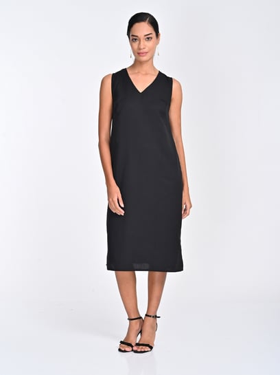 Saltpetre Women Tencel Solid Black Sleeveless Midi Dress