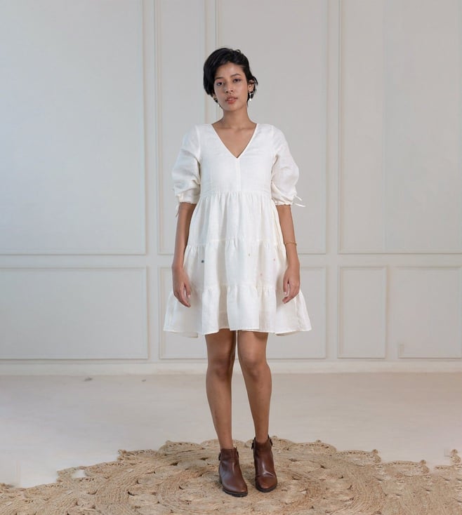 Buy Zebein India Madonna Linen V - Neck Dress - Off White for Women Online  @ Tata CLiQ Luxury