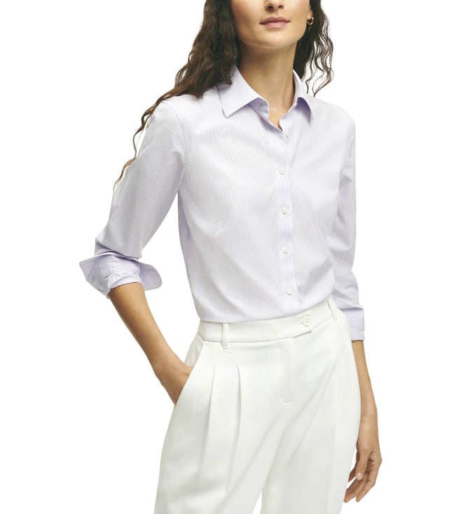 Brooks Brothers Maroon Modern Fit Fitted Stretch Supima Cotton Non-Iron  Mini Stripe Dress Shirt