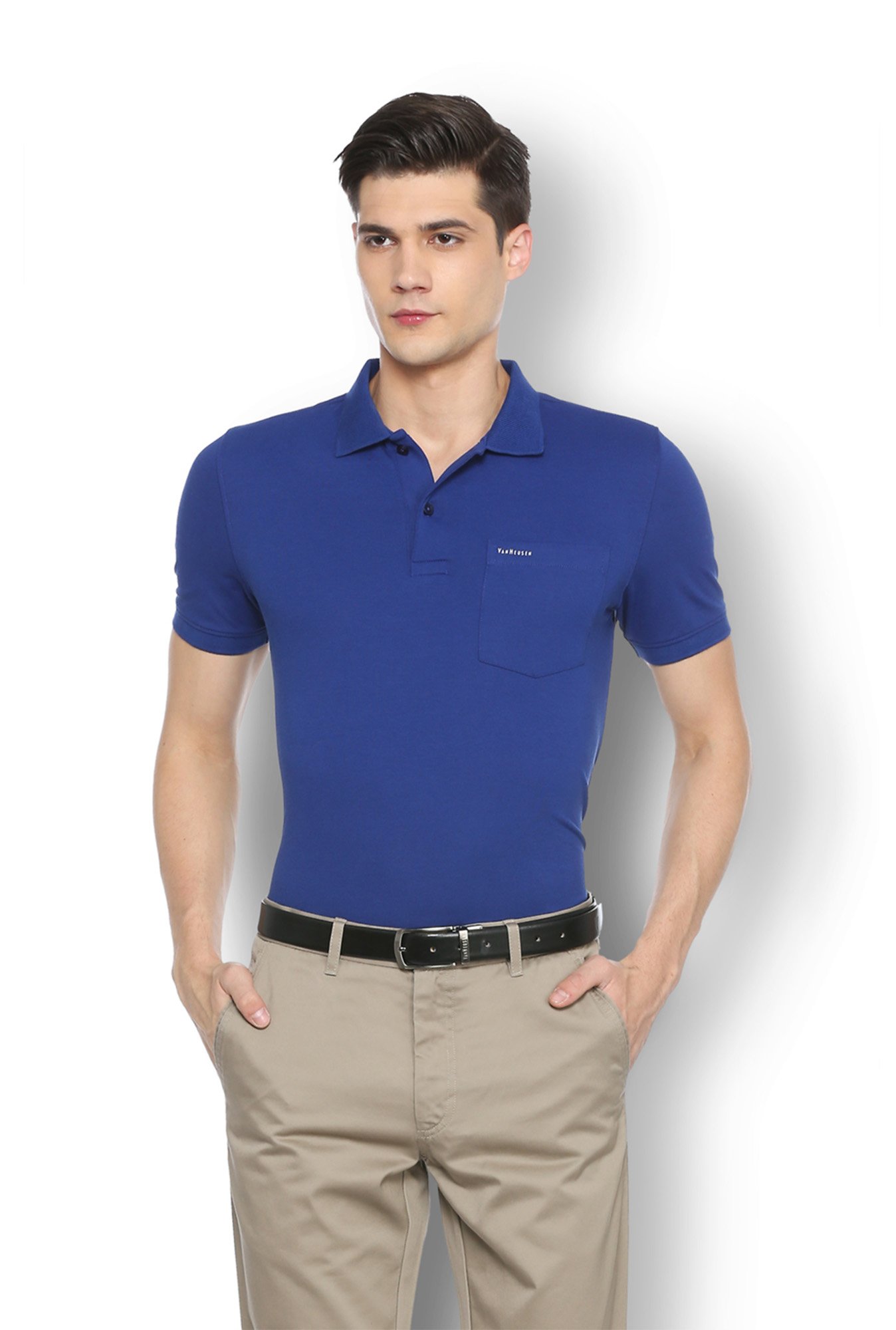 blue polo and khaki pants