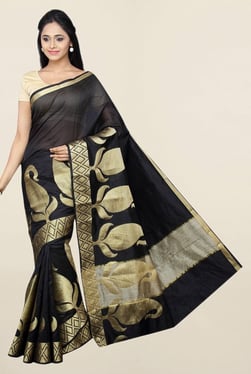 Pavecha's Black Printed Cotton Silk Saree With Blouse